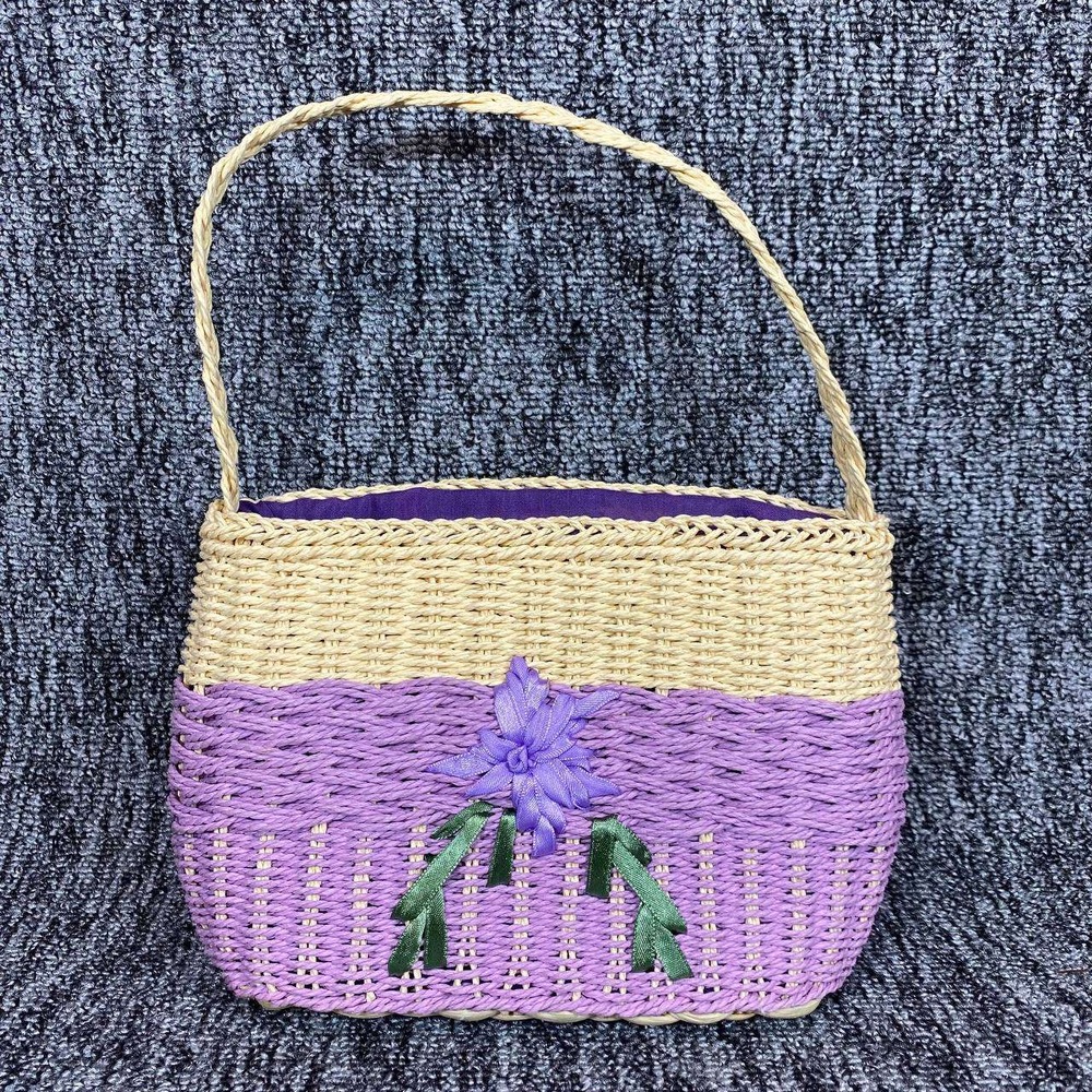 Vintage‎ Straw Tote Bag Purple Woven Raffia Wicker Summer Basket Floral Ribbon